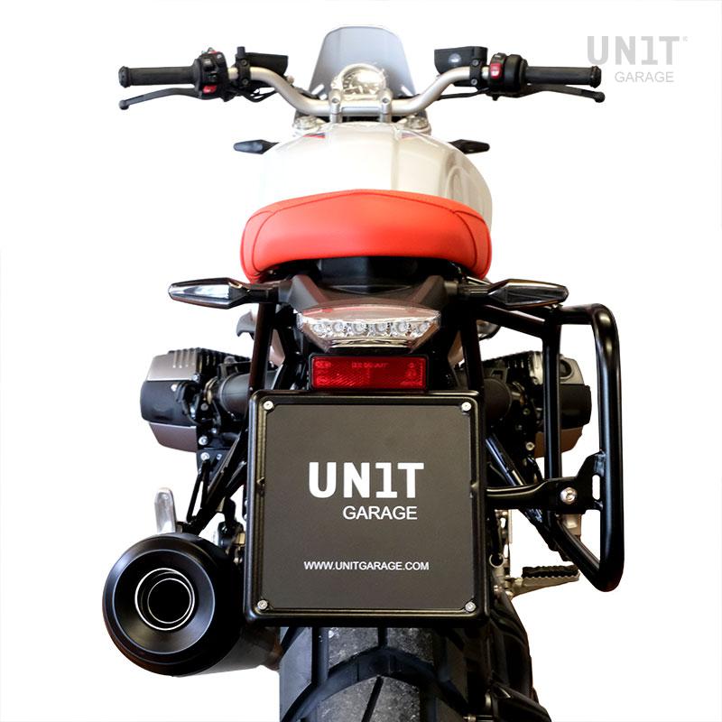 BMW R nineT 1200 Urban G/S (niedriger Auspuff) [2017-2023] - Kultige Seitentasche in Canvas 40L - 50L + Aluminiumplatte + NineT rechter Rahmen für Atlas Aluminiumtasche